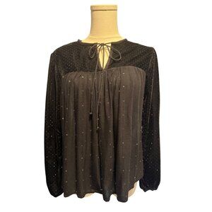 ZARA Medium Black Velvet & Sequins Long Sleeve Top Delicate Tie Neckline